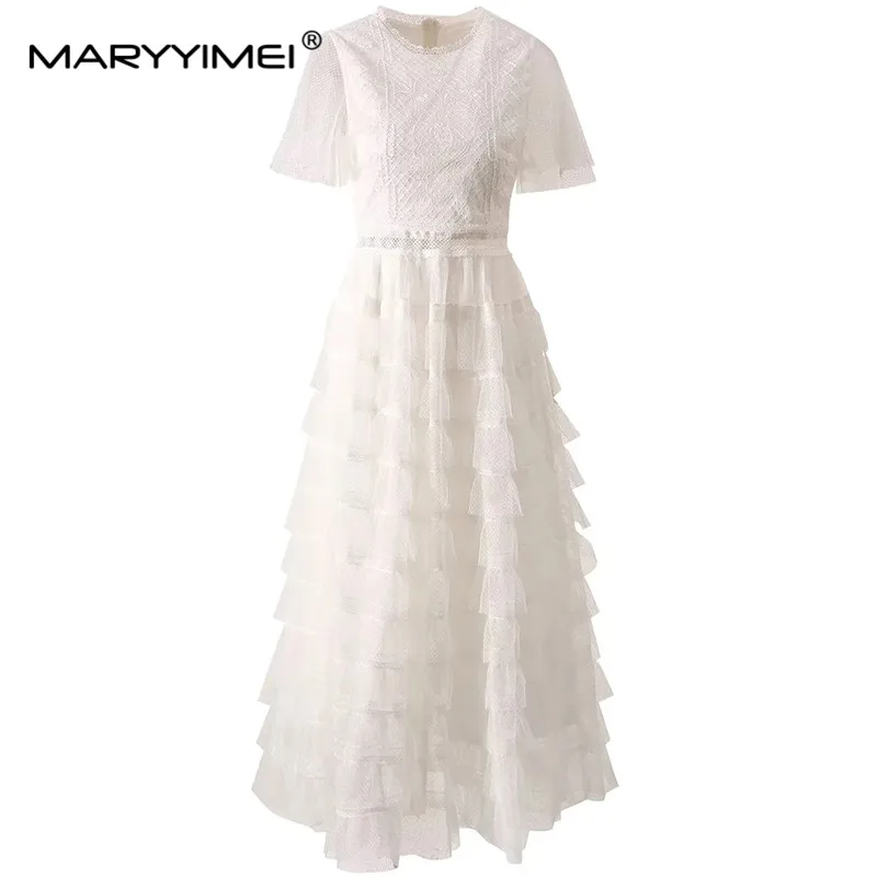 

MARYYIMEI Fashion Summer Women's Dress Short sleeved Lace Patchwork Tiered Mesh ruffles White Elegant Dresses