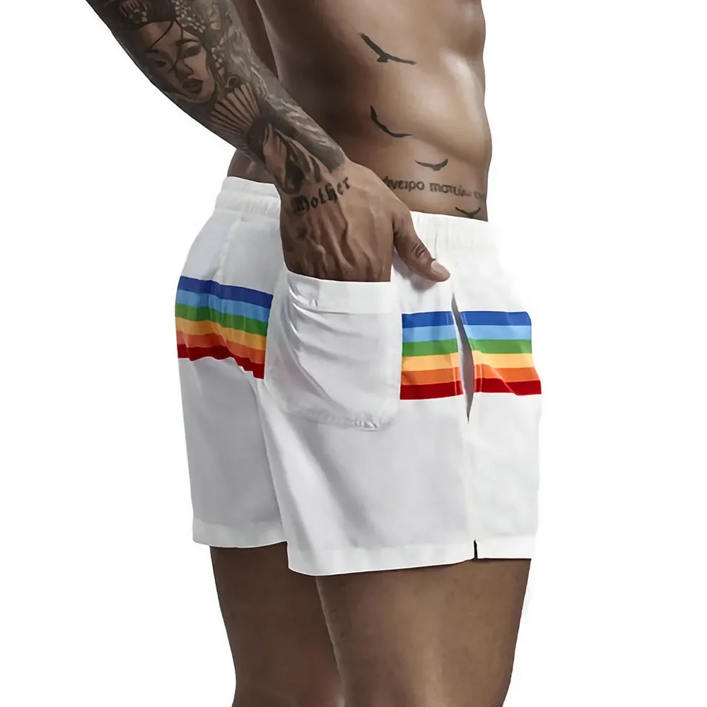 Men Summer Running Beach Shorts Mesh Inner Quick Dry Bottoms Casual Sports Trousers Striped Rainbow Swimwear Swimming Trunks