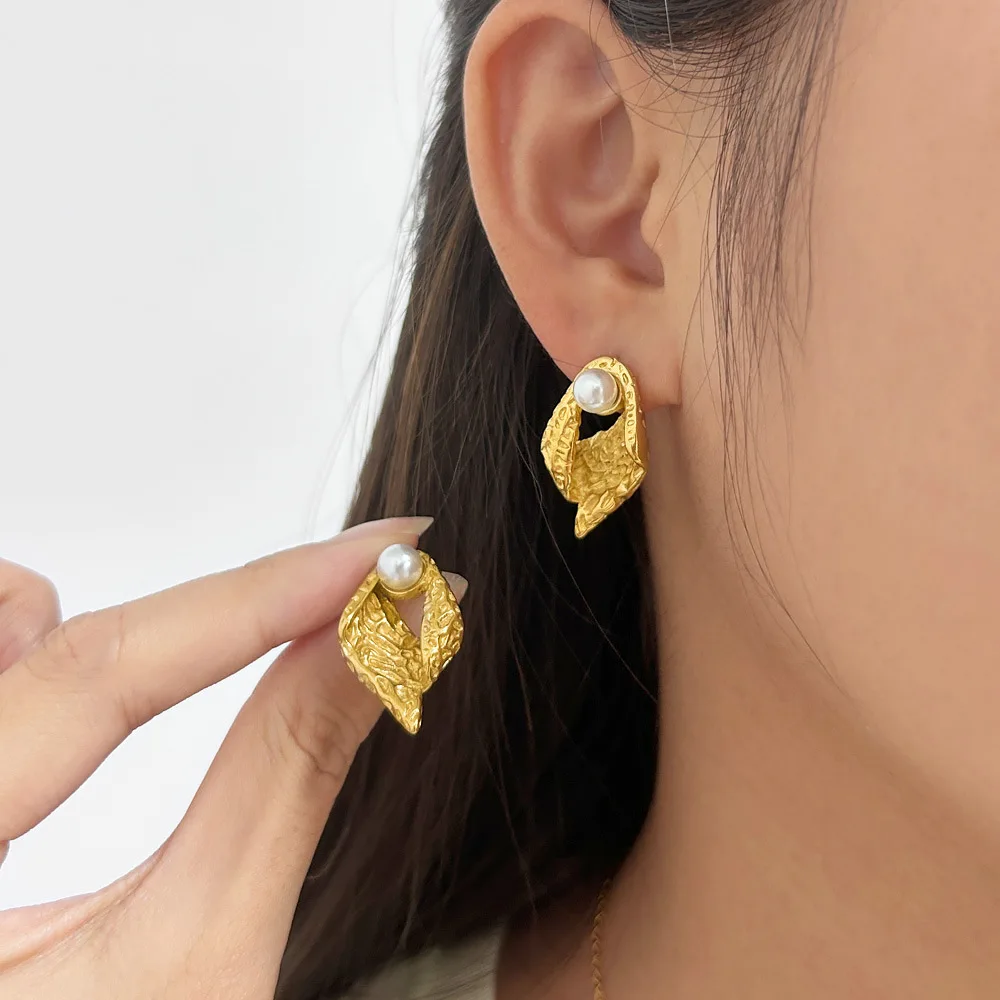 DIY accessories Cross border French vintage irregular texture pearl earrings stainless steel 18K gold summer personality fashion