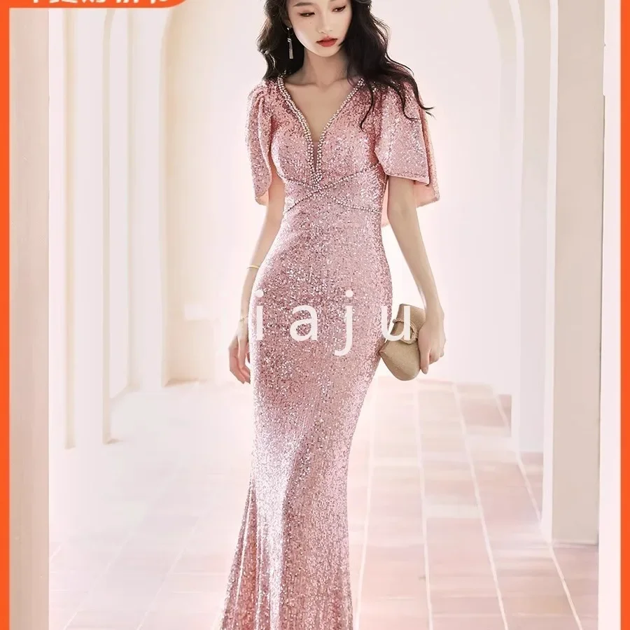 

Champagne Gold Evening Dress Premium Sequins Short Sleeves Anchor Conductor Birthday Bridesmaid Dress Piano