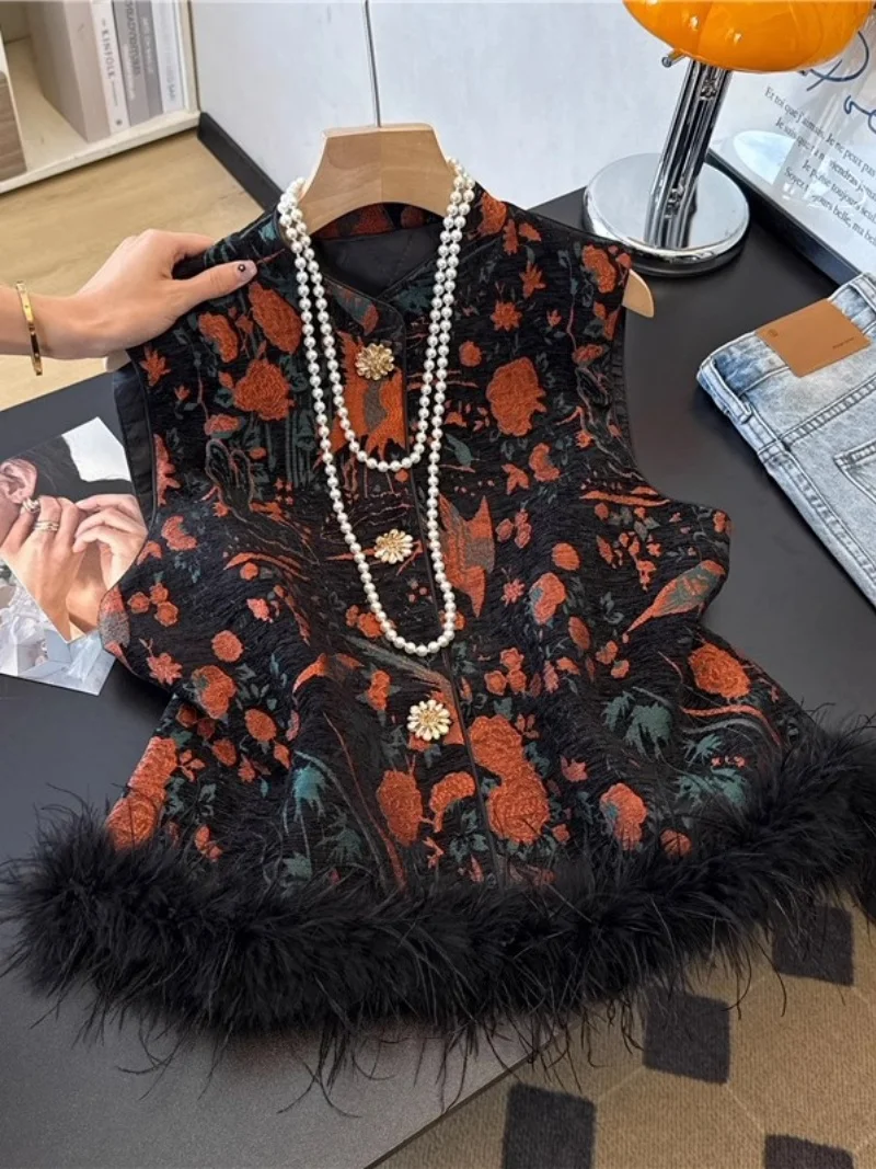 

New Chinese Style National Jacquard Ostrich Fur Patchwork Vest For Women's Autumn Winter Clothing Trendy Waistcoat Jacket w1357