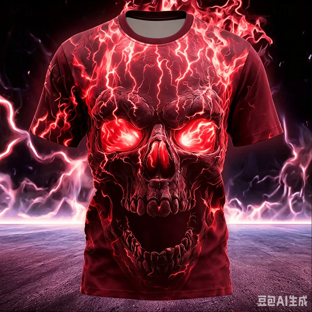 Men's 3D Graphic T-Shirt Cool Glowing Lightning Skull Print Short Sleeve Tee Gothic Horror Skull Crew Neck Casual Streetwear Top