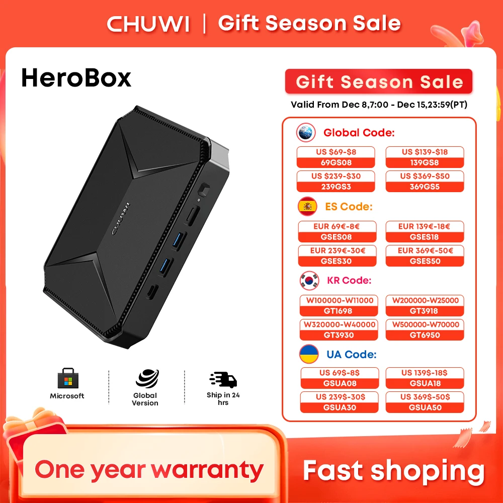 CHUWI Herobox Mini PC Intel N100 Desktop Gaming Computer 8GB LPDDR5 256GB SSD Windows 11 VESA Up to 2TB SSD 4K UHD WIFI6 BT5.2