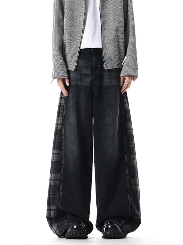 

Модные джинсы в клетку с цветными вставками, повседневные прямые джинсы для мужчин и женщин, ретро-стиль, длинные брюки для осени.