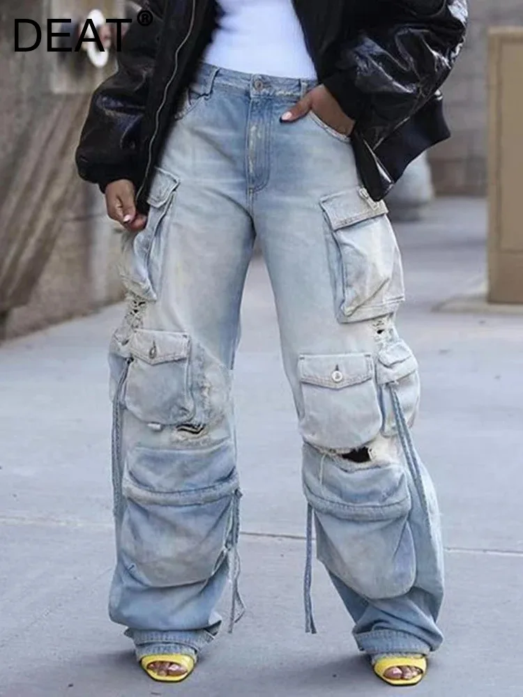 

DEAT Vintage Women's Broken Hole Gradient Multi Pockets Jeans 2023 Winter Fashion High Waist Cargo Denim Pants Female 33A535