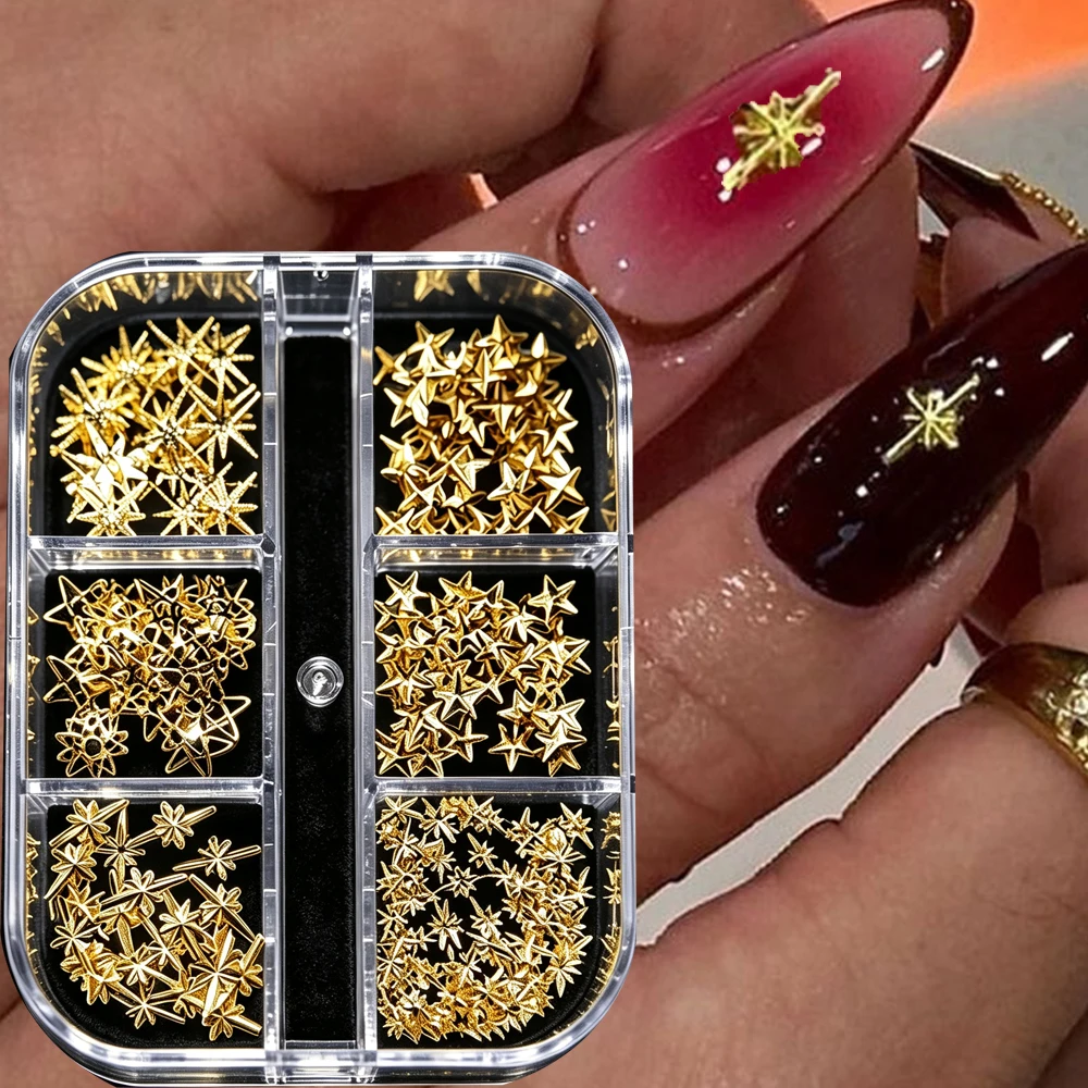 6grid/Box Halloween&Christmas Metallic Golden Star/Cross Nail Art Rivet Mixed 3D Golden Alloy Star Flat-Back Manicure Stud Charm