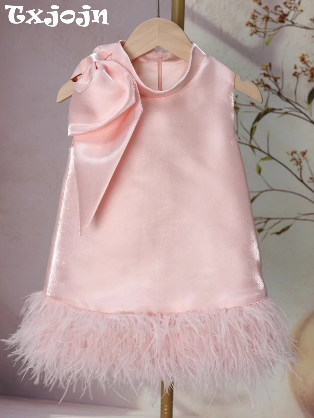 Toddler Girl Pastel Pink Sleeveless Satin Dress Big Bow Hem Feather Trim Elegant Princess Party Gown Formal Event Wedding Guest