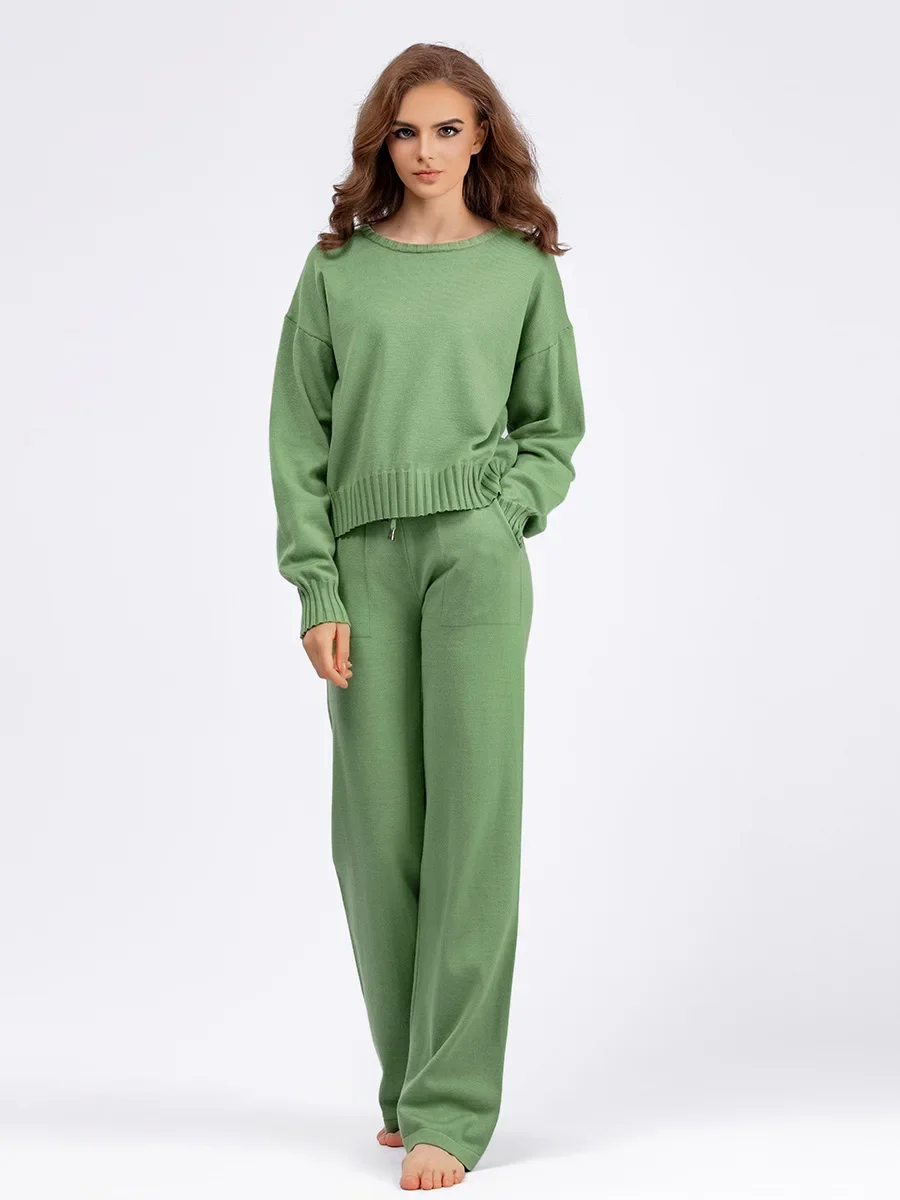 

Теплый вязаный женский свитер с высоким воротником, спортивные костюмы, зимний свитер большого размера + широкие брюки, костюмы, полные брюки, комплект женской одежды