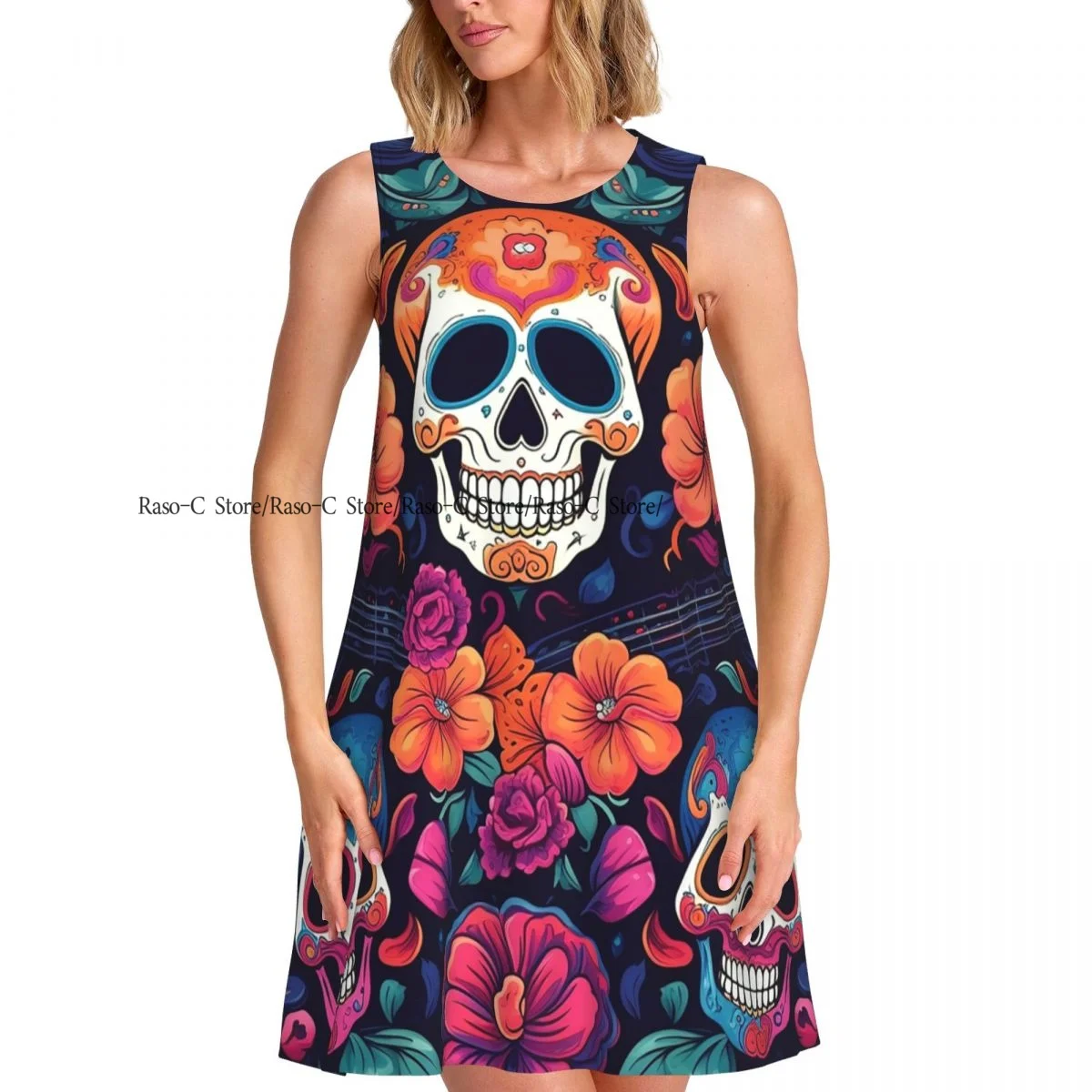 レディースドレス死者の日スカルサマーカジュアルTシャツビーチカバーアップタンクドレス