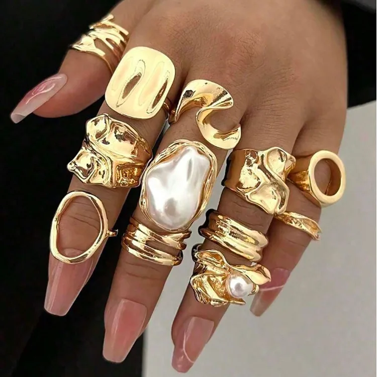 12 Piece Set Eco Friendly Pearl Irregular Ring for Women Gold Plated Knuckle Stackable Vintage Daily Lightweight Hypoallergenic