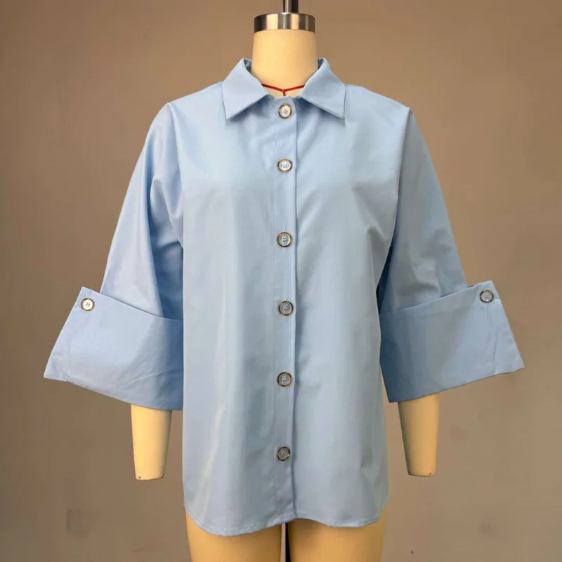 HKSH Spring Autumn New Women Chic Shirt Turn-down Collar Single Breasted Rolled-up Cuffs Solid Color Elegant Tide Blouse HK17225