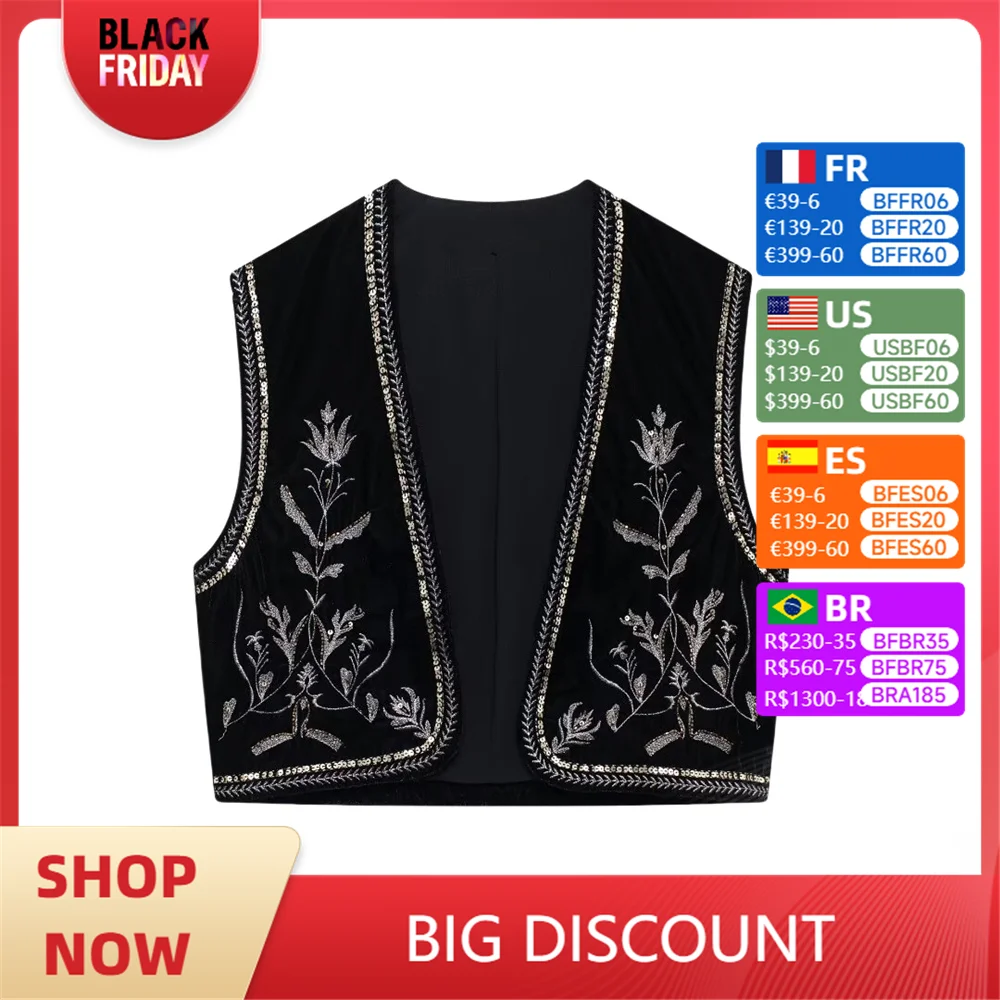 

ZARF2024 autumn and winter women's new fashion simple casual versatile velvet cotton embroidery sleeveless open vest vest