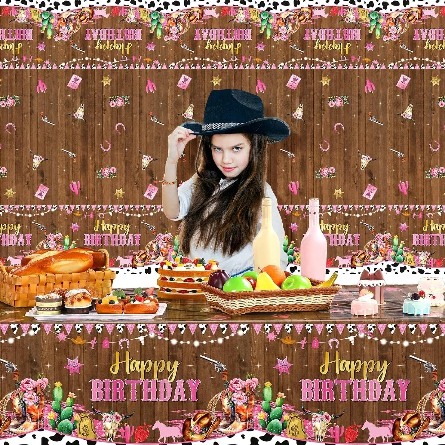 3개 세트 카우걸 생일 테이블보 서부 플라스틱 테이블 커버 일회용 직사각형 핑크 카우 테이블보 와일드 웨스트 서부용