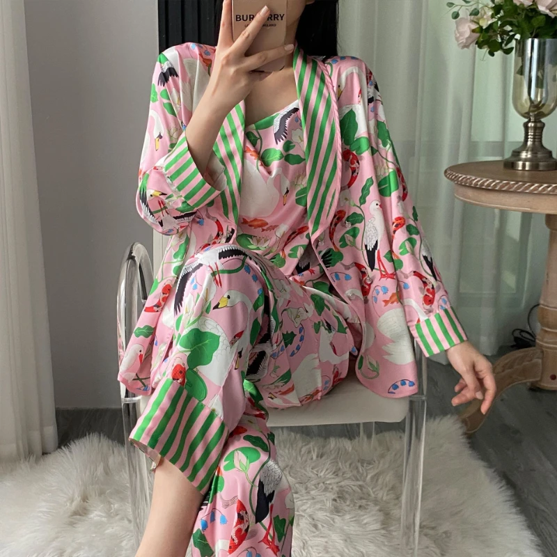 2024 Pink Printed Cartoon Spliced 5-Piece Ice Silk Pajamas Women Spring/Summer Loose Top+Suspended Skirt+Pants Set Home Clothes