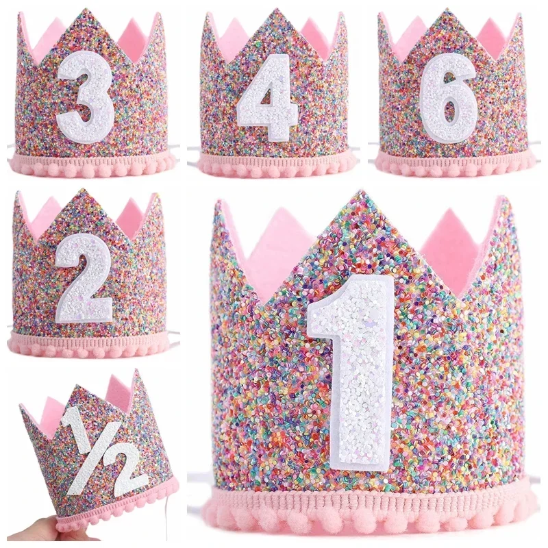 1 Year Old Baby Birthday Party Pink Crown ONE First 1st Color Powder Crown Happy Birthday Party Hat Kids Girl Baby Shower Decor