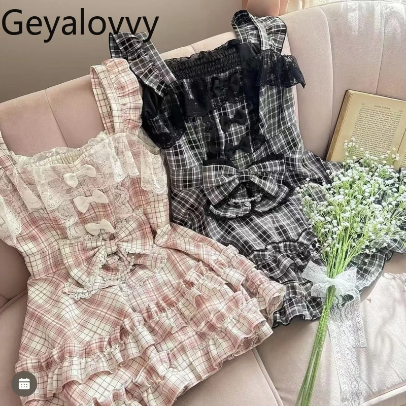 

Japanese Sweet and Cute Style Lace Bow Plaid Suspender Dress Summer New High-waisted Slim-fitting Sleeveless Short Dresses