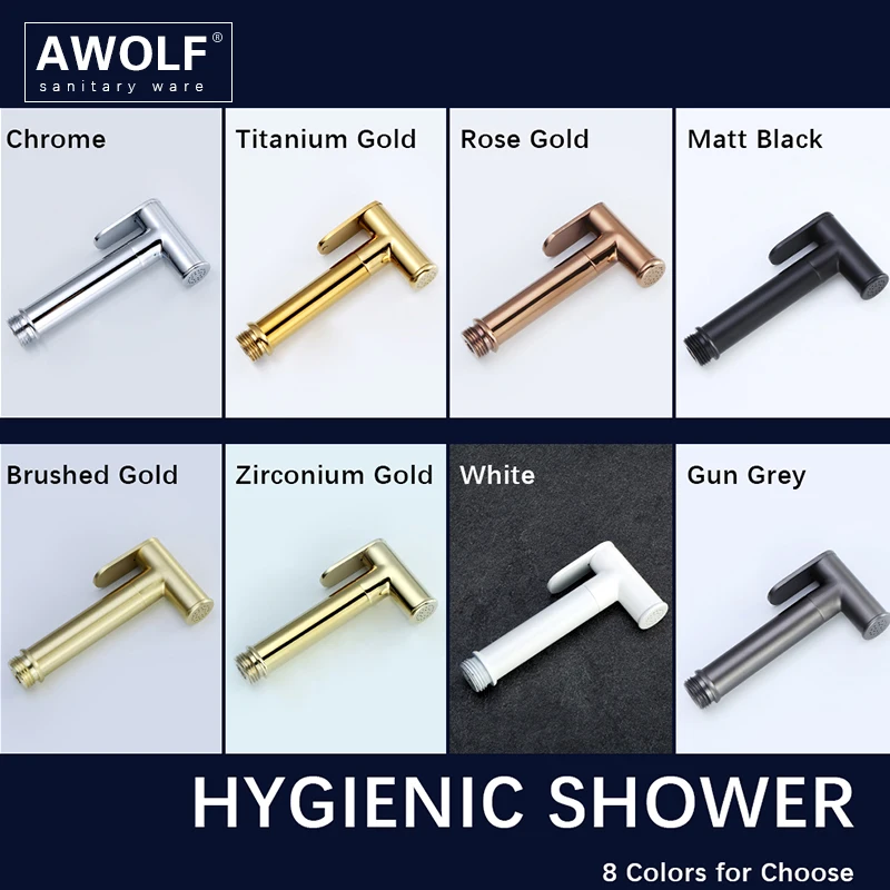 Awolf Titanium Gold Polishing Solid Brass Handheld Toilet Bidet Sprayer Set Hygienic Shower Head Angle Valve Anal Shower AP2264