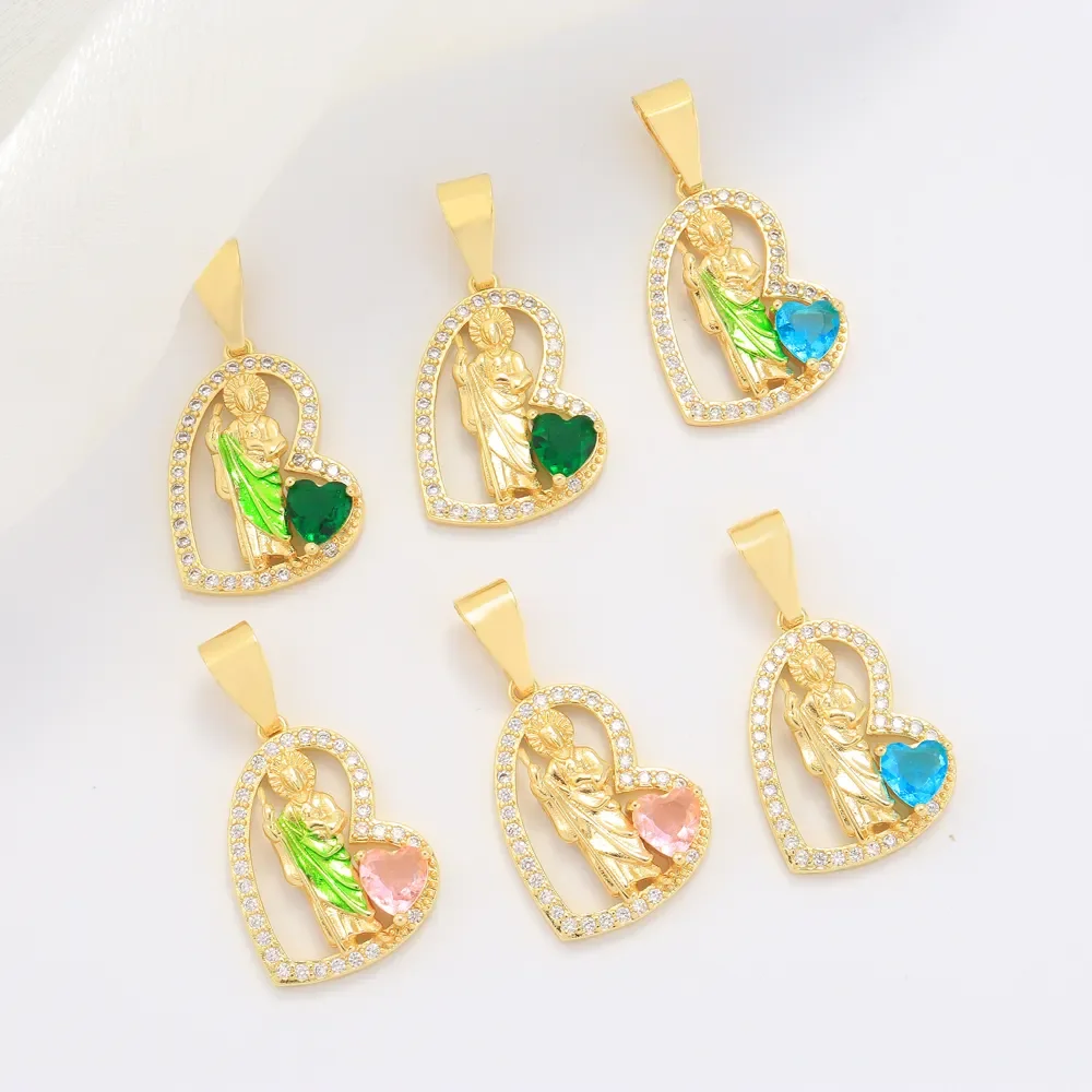 

Religious Christian Jewelry Brass Tricolor Heart Shape Zircon Pendant Necklace Saint Jude Charm