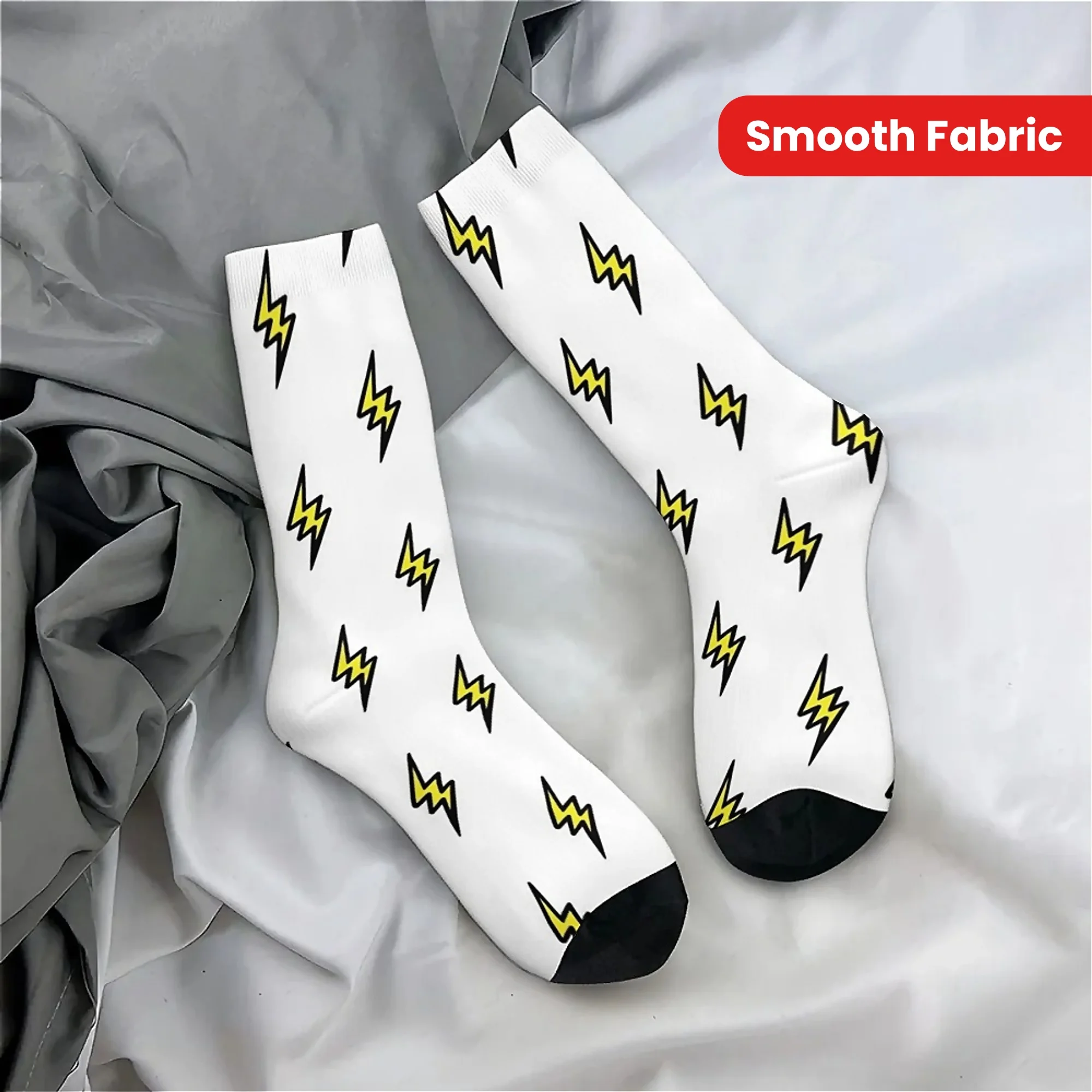 1 Pair Unisex Harajuku Seamless Print Crew Socks, Novelty Fun Lightning Design, 95% Polyester 5% Spandex, Hand Wash Only