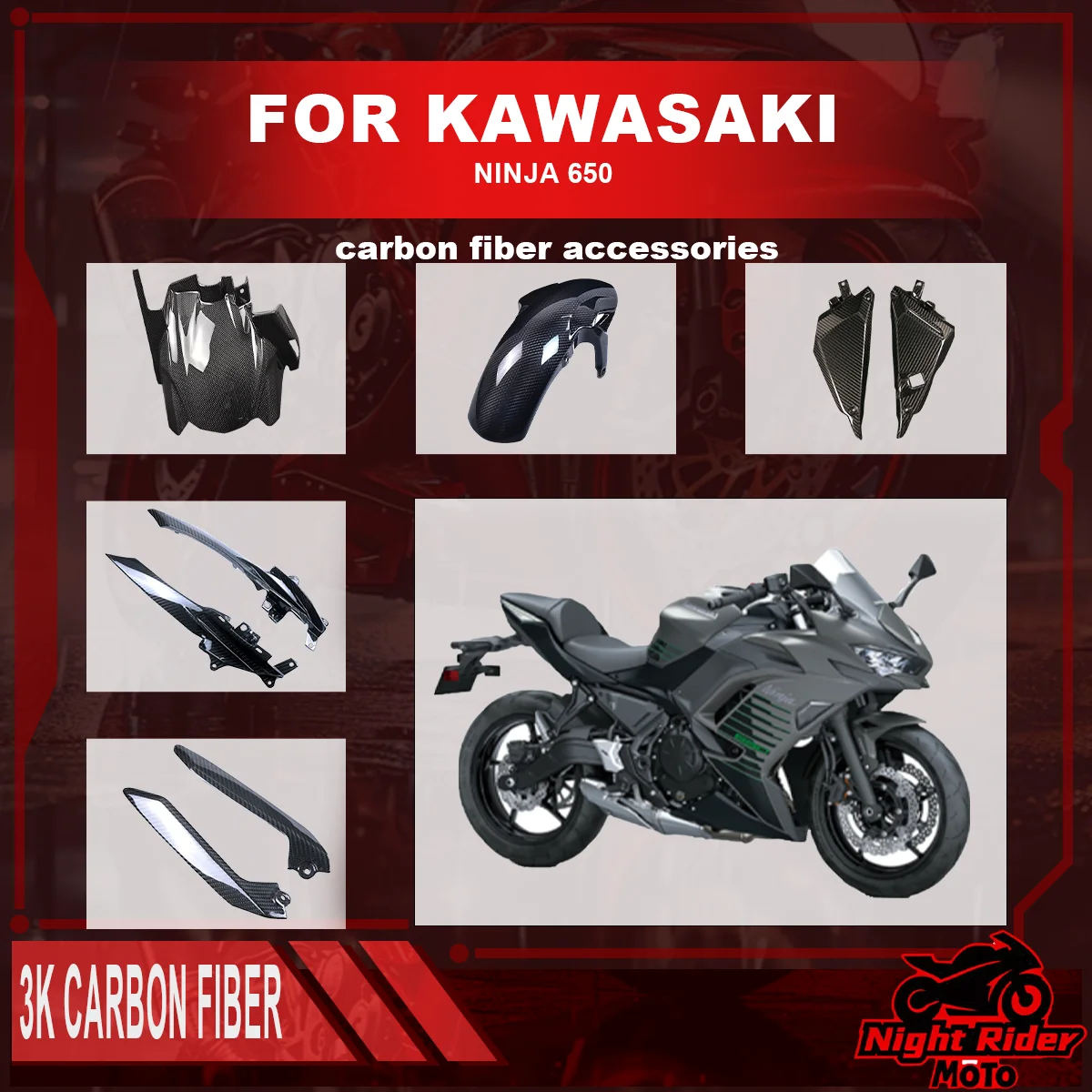 

For KAWASAKI Ninja 650 3K 100% Pure Dry Carbon Fiber Rear Fender Front Fender Body Side Panel Fairing Kit Motorcycle Accessories