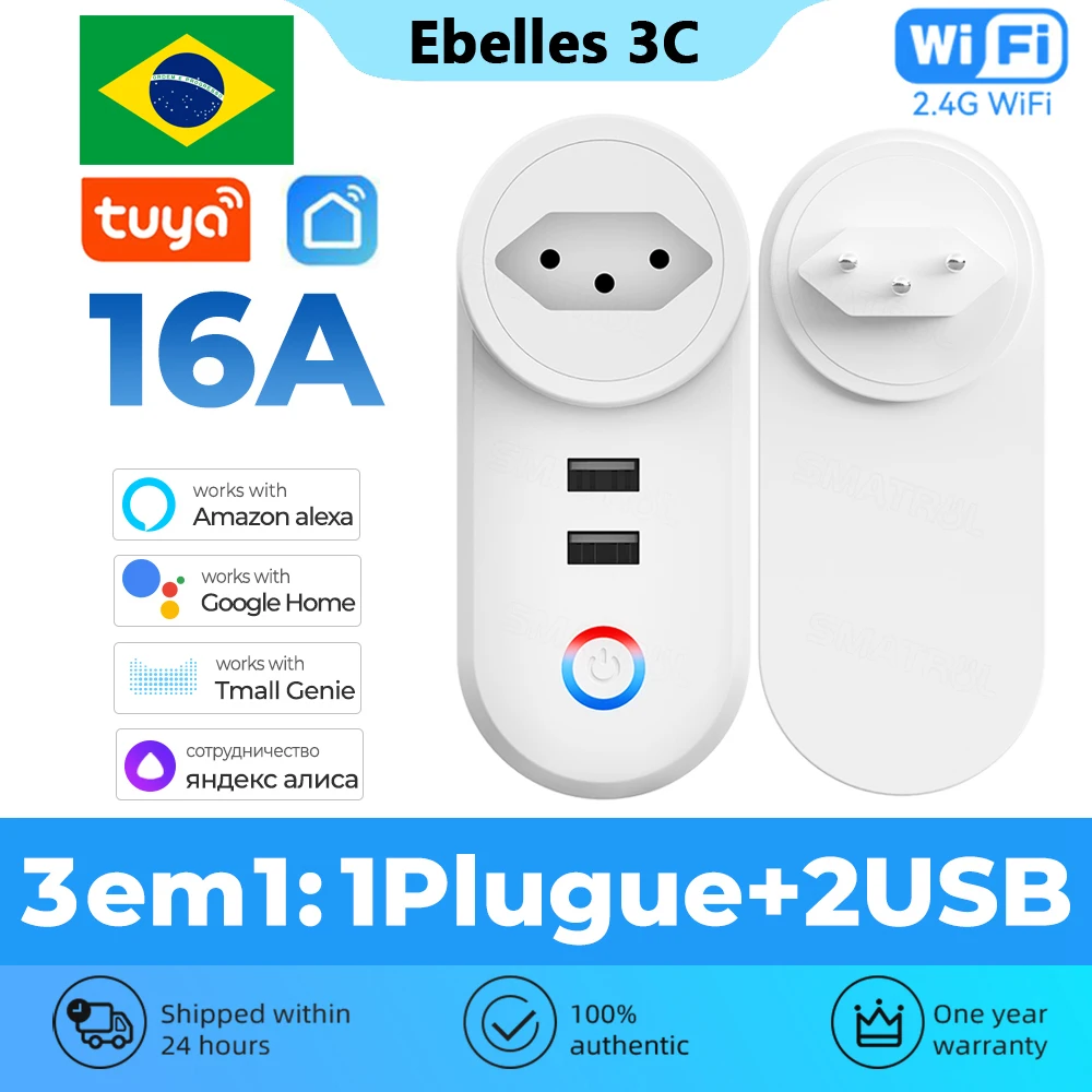 Tuya 16A Smart Plug Brazil Standard Wifi Smart Socket with 2 USB Ports Surge Protector Adapter Voice Work for Google Home Alexa