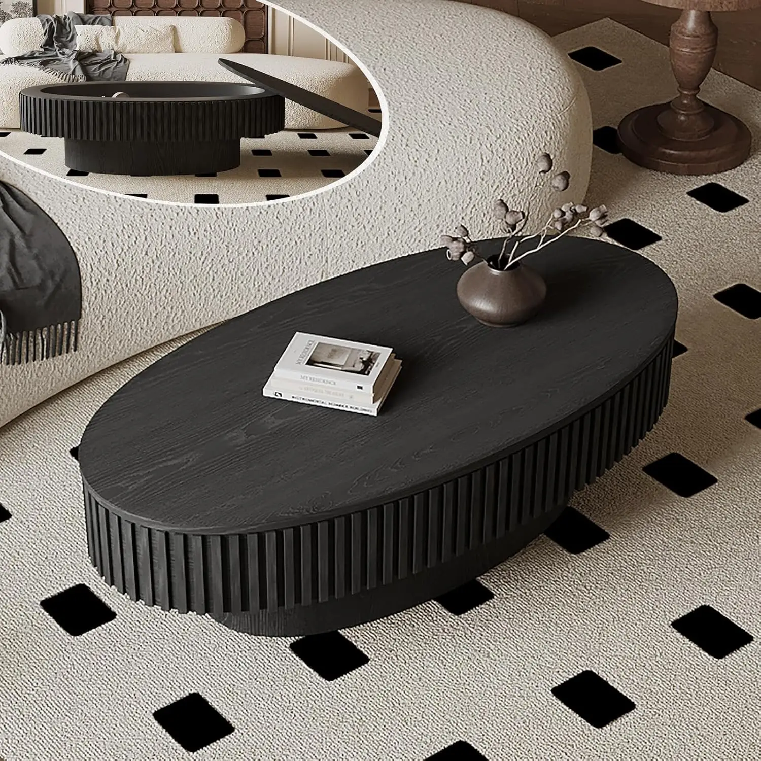 

Oval Coffee Table With Storage, Modern Black Coffee Table With Solid Wood Veneered, Fluted Center Table Wood Drum, Customized