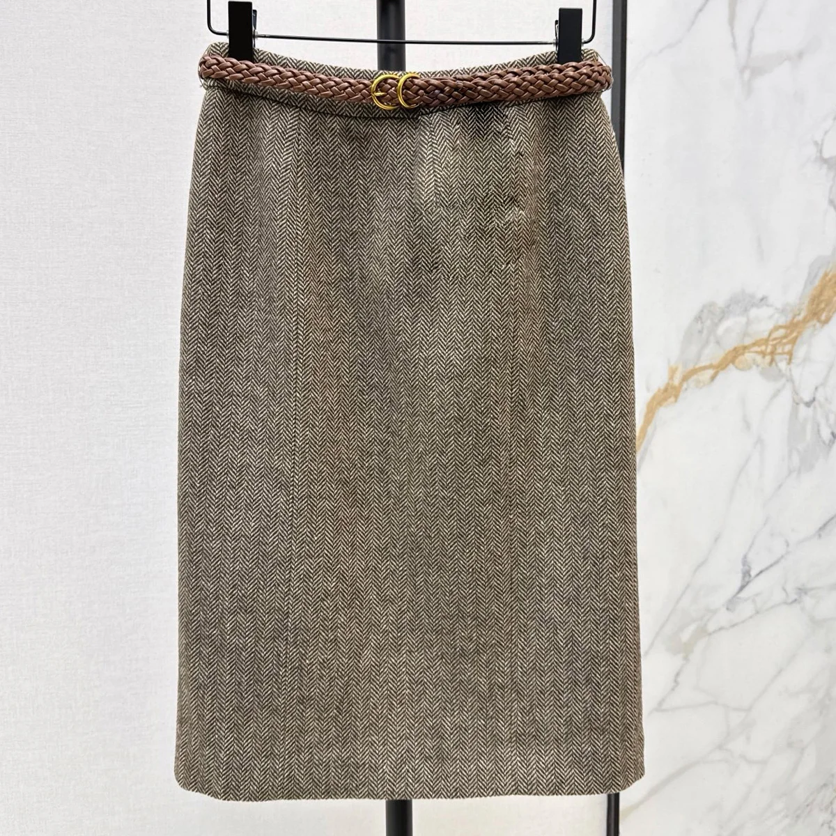 High Quality Women Herringbone Midi Pencil Skirt With Braided Belt, Back Slit Straight Skirt lyt261016202