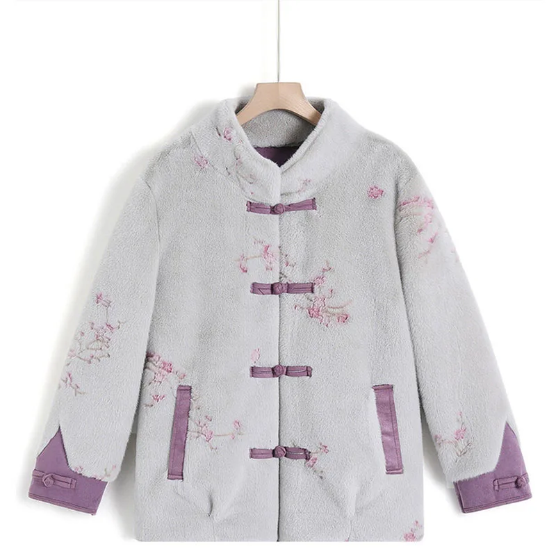 Veste en fourrure à simple boutonnage pour femme, manteau en laine de velours de vison, vêtements d'extérieur en fourrure haut de gamme, style chinois élégant, hiver, nouveau, 2024