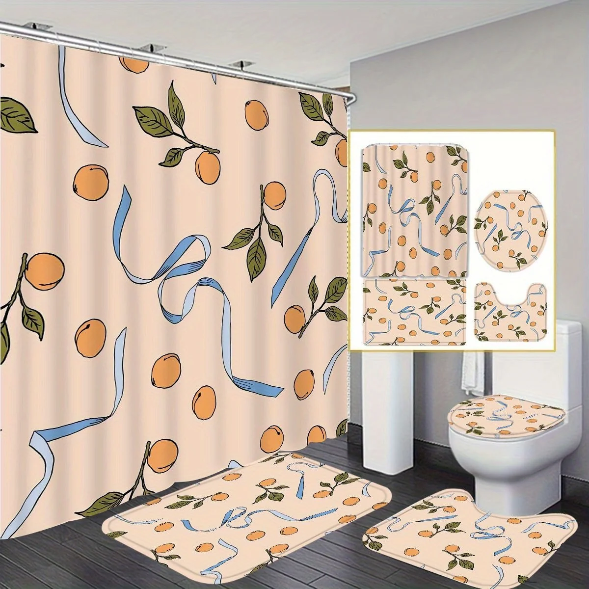 

4 шт. занавеска для душа с принтом вишни и банта — можно стирать в машине, U-образный коврик, коврик для сиденья унитаза, нескользящий коврик, занавеска для душа
