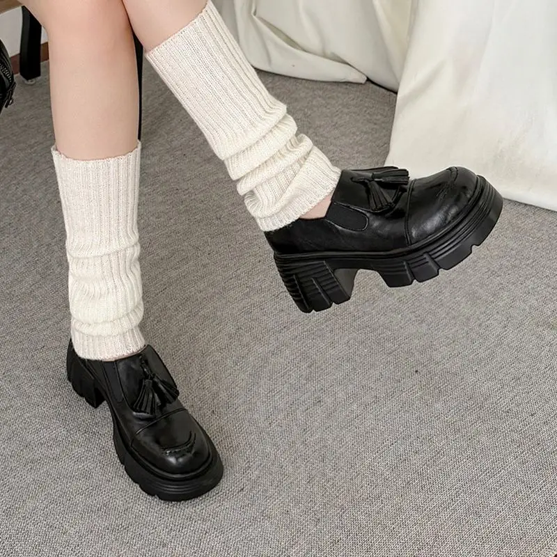 ANOVISHANA Designer Cow Suede Leather Women Pumps Round Toe Slip 7.5cm Block Heels Sole 3.5cm Platform Sweet Daily Fringe Loafer