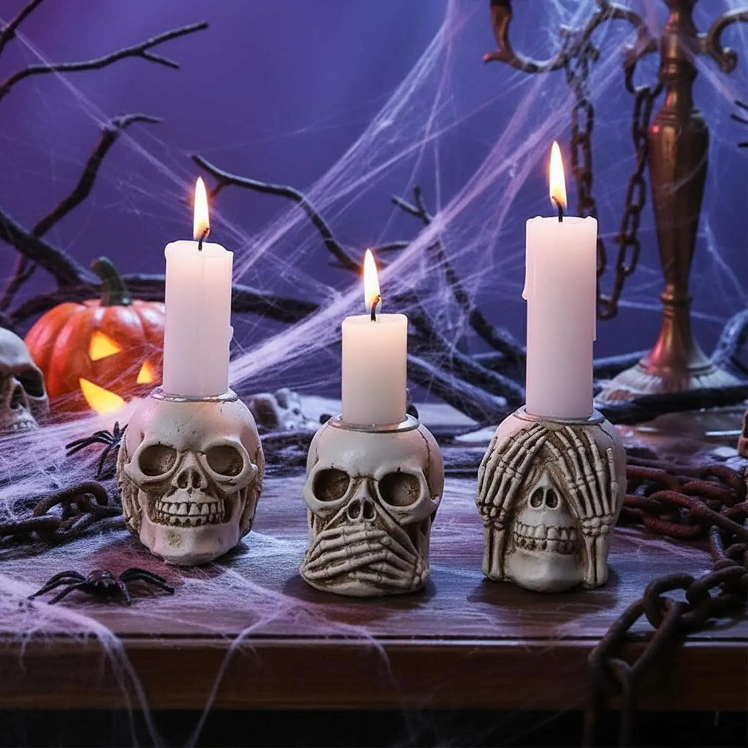 Halloween Resin Skull Candle Holder Set of 3 Skeleton Head Candlestick Holders for Home Spooky Theme Party Decor Supplies