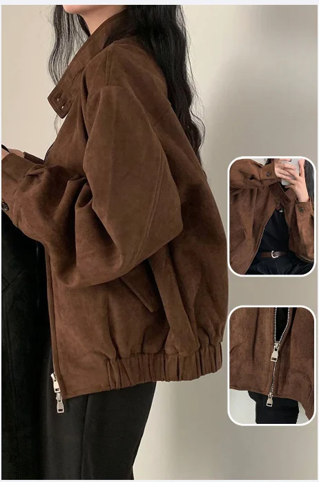 Jacket For Women Fashion Lapel Zipper Long Sleeve Pockets Bomber Coat 2025 Spring Lady Loose Motorcycle Outwears