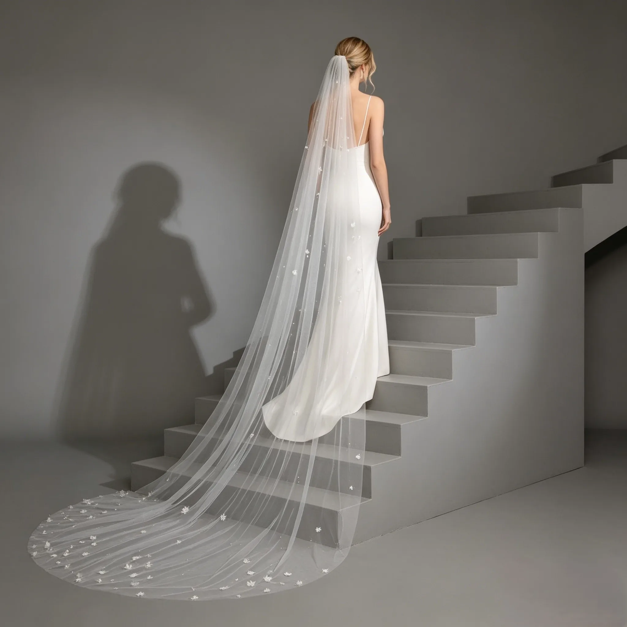 1Layer Cathedral Bridal Wedding Veil 3D Butterfly and Flower Trim Long Train Wedding Accessory in White and Ivory with Comb G47