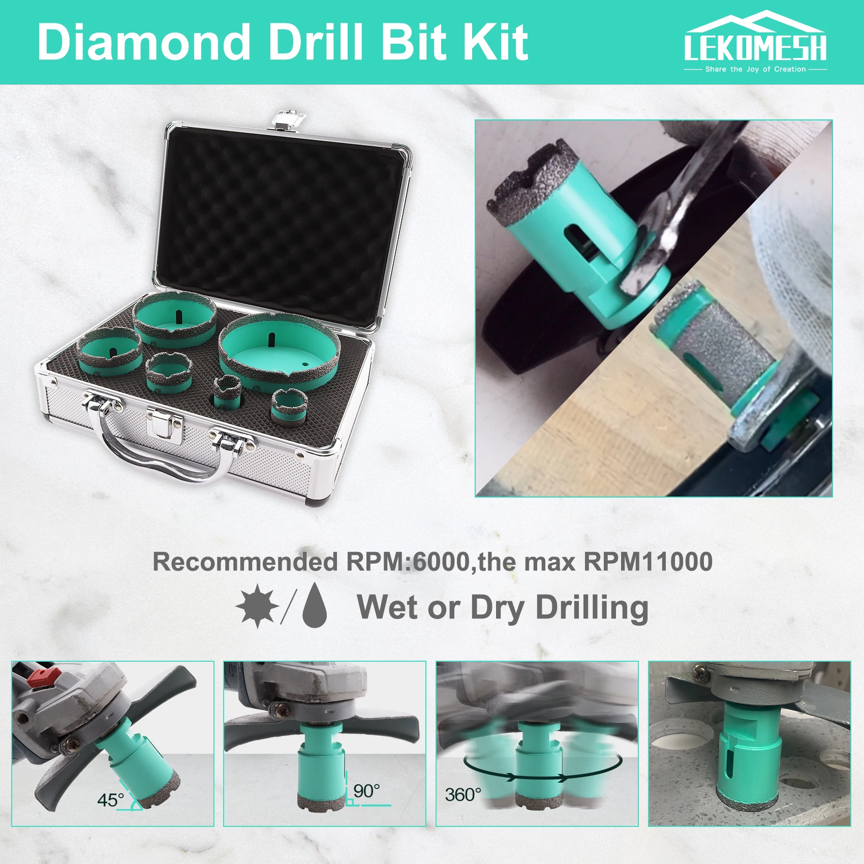 Diamond Drill Bits Set 6pcs/box 20-100mm 5/8"-11 Thread + Drilling Milling Finger Bit For Porcelain Marble Tile Ceramic Hole Saw