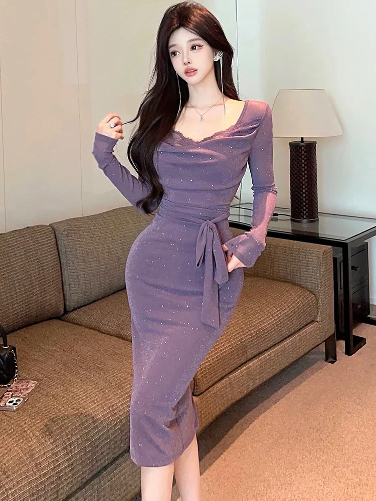 

Women Elegant Luxury Dress with Long Sleeve Spring Summer Bodycon Dresses 2025 Purple Sequins Chic Lace Square Collar Sexy Dress