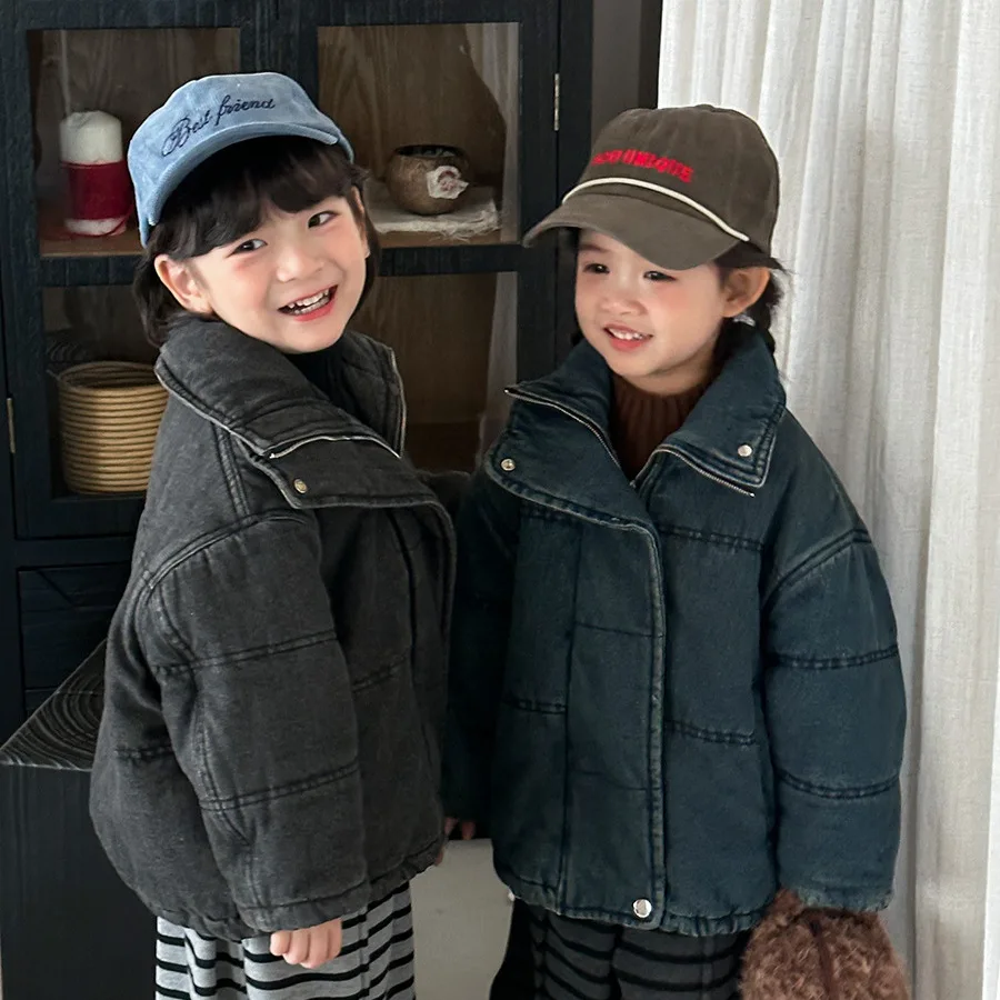 

Winter Children Denim Parkas Double-zip Fleece Thick Infant Babys Boys Jackets Warm Windproof Toddler Kids Girls Outerwears Coat