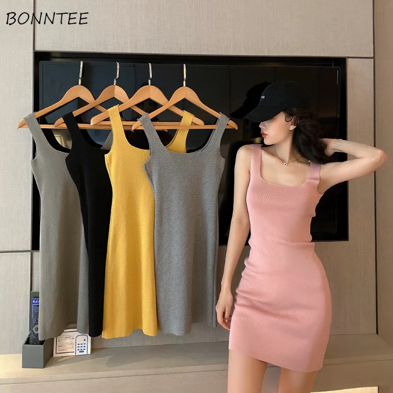 

Sleeveless Knitting Dress Women Solid Fashion New Simple Young Ins Ulzzang Sexy Ladies Slim Hot Basic Popular 5 Colors All-match