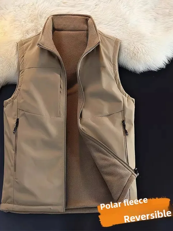 

Мужской двусторонний жилет с флисовой подкладкой для осени и зимы, повседневный, теплый, с наплечными подушками, модный городской стиль, на молнии