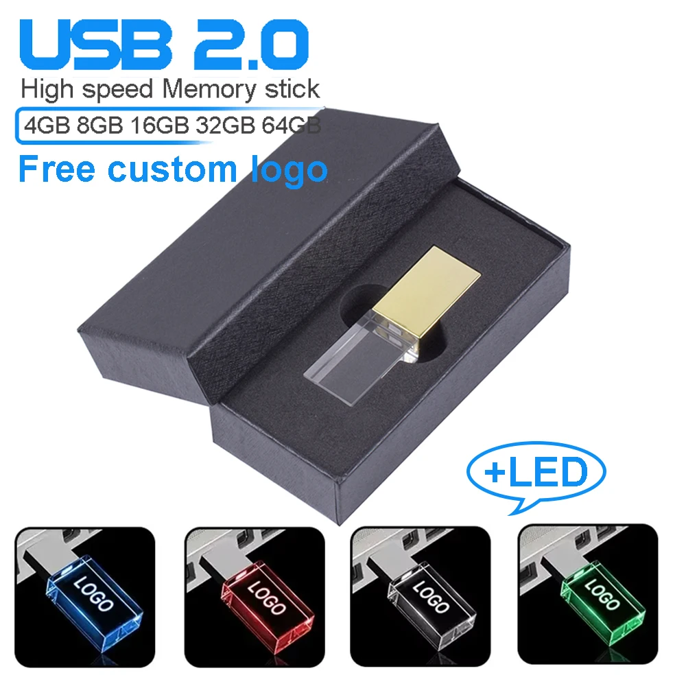 

Photography Studio Crystal USB Flash Drive 128GB Free Custom Logo Pen Drive 64GB with LED Light Memory Stick 32GB Creative Gift