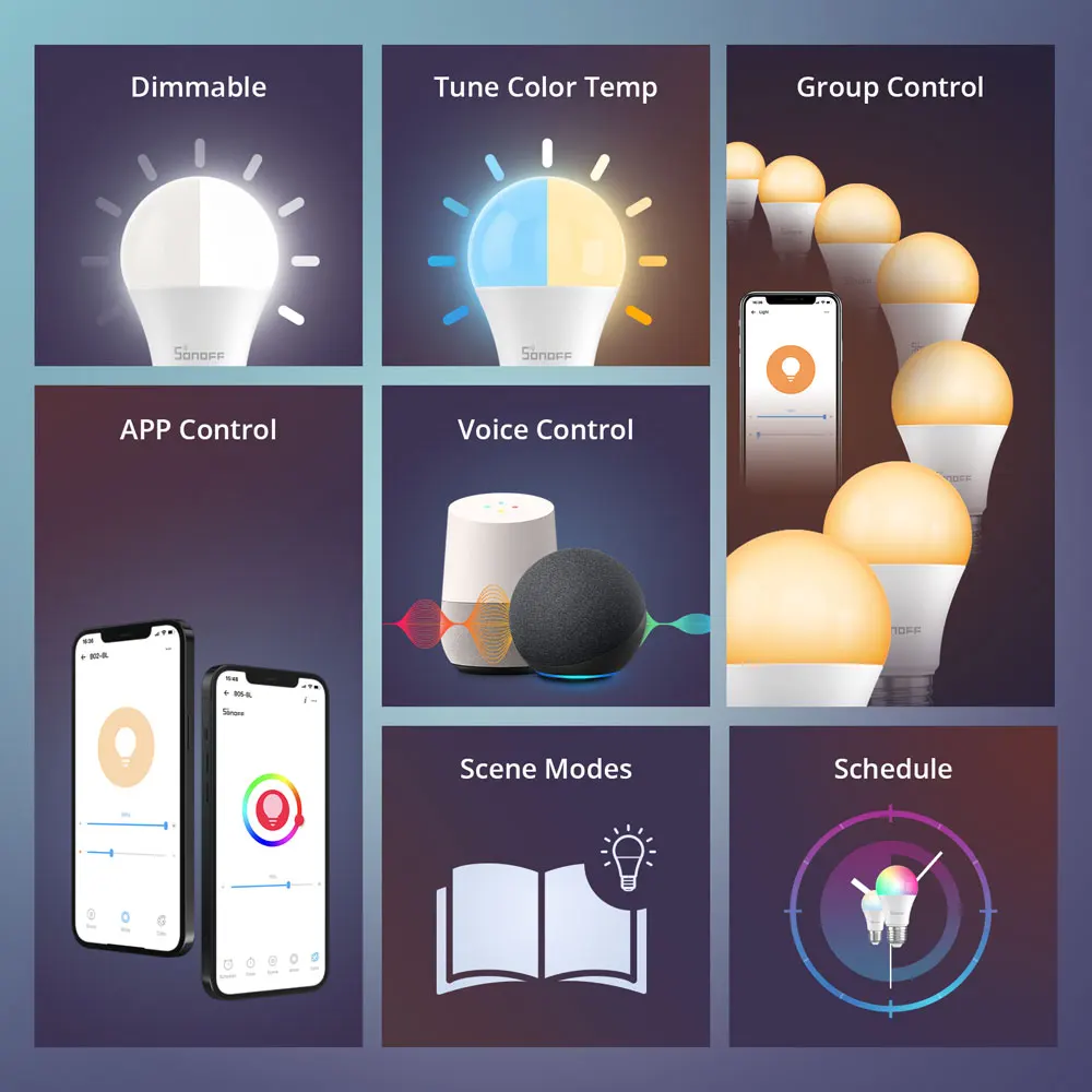 SONOFF B02/B05 Lampadina LED Wi-Fi intelligente Accoppiamento Bluetooth dimmerabile Controllo vocale di gruppo regolabile multicolore tramite eWeLink Alexa