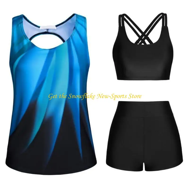 E56D Women's Tankini Swimsuit 3 Pcs Swimming Suit Female Flowers Print Bathing Suits Push Up Swimwear for Vacations