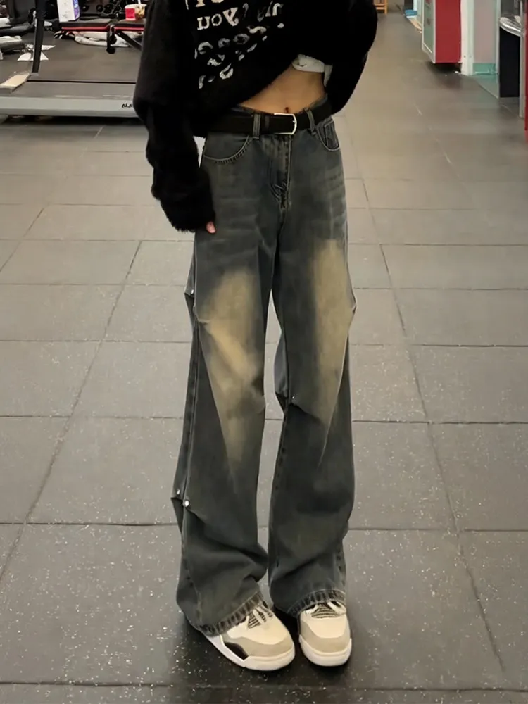 Rivet Micro Flared Jeans Men's Spring Wrinkle American Style Casual Wear Stretchable Loose Fit All Season Long Lasting