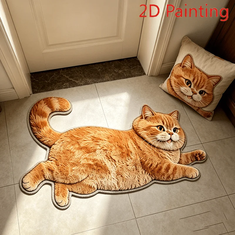 VIKAMA Simulation Reclining Chubby Orange Cat Shaped Plush Carpet Foyer Bathroom Living Room Cute Cartoon Home Floor Mat