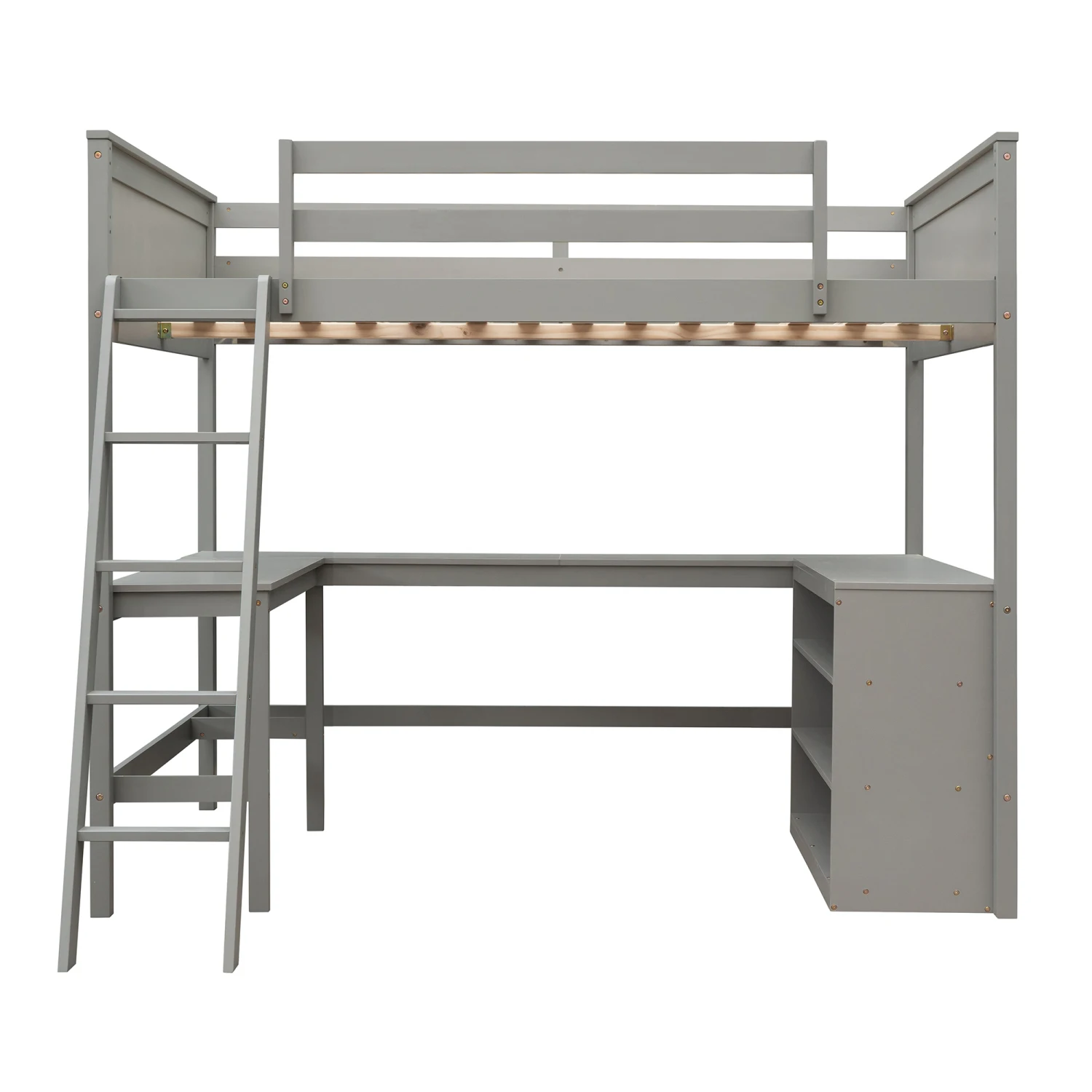 Full Size Loft Bed with Shelves and Desk, Gray Wooden Loft Bed - Optimized Storage Solution