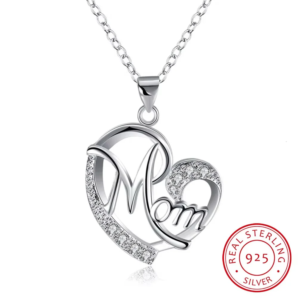 925 Sterling Silver Fashion Mom AAA Zircon Charm Loves Heart Necklace & Pendant Mother's Day Gift For Mum