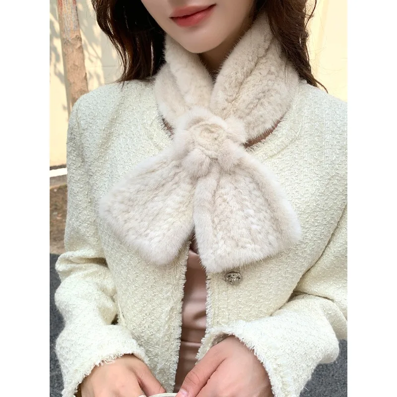 Autumn and winter fur scarf female Korean version elegant flower mink hair double-sided woven scarf solid color real fur collar