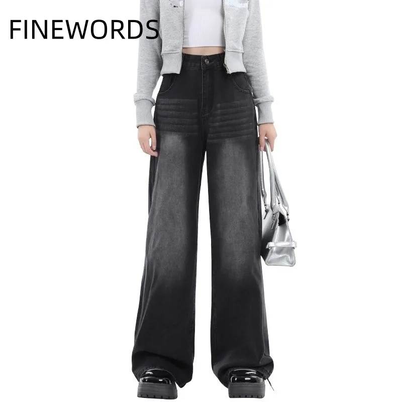 FINEWORDS Wide Leg Loose Dark Gray Jeans Women Korean High Waist Casual Jeans Streetwear Easymatch Full Length Vintage Jeans