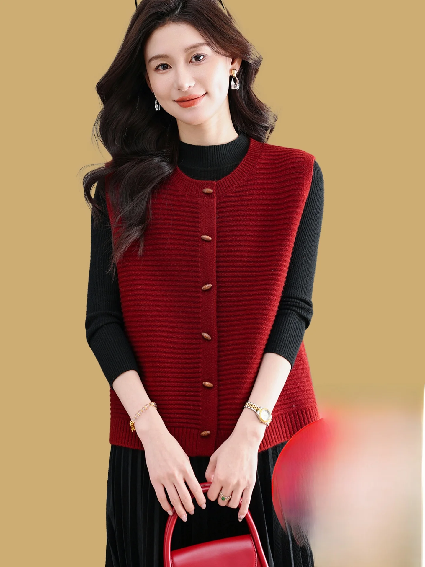 

Красный шерстяной вязаный кардиган с круглым вырезом, женская модная верхняя одежда для весны и осени, новая модель, свитер для многослойных образов