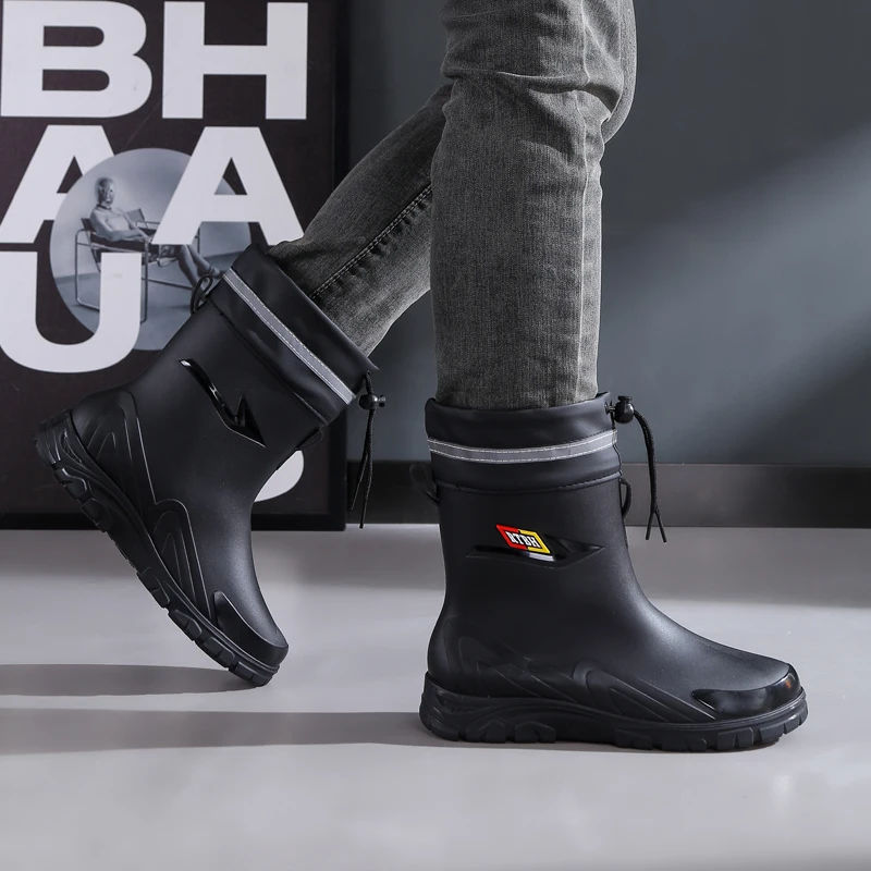 Outdoor Work British Style Anti Slip Waterproof Drawstring Drum Mouth Four Season Universal Men's Rain Boots