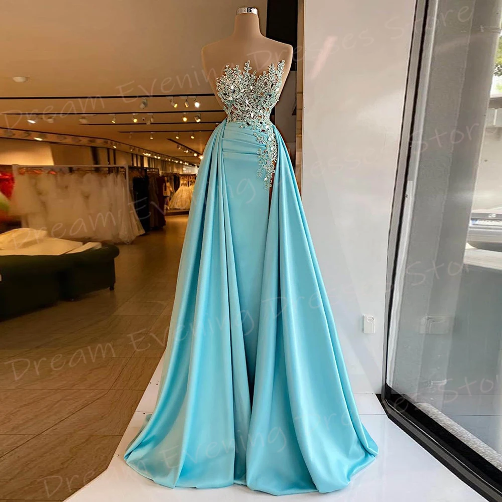 Prachtige Blauwe Zeemeermin Elegante Damesavondjurken Moderne Strapless Mouwloze Galajurken Hoge Split Kralen Vestido De Noche